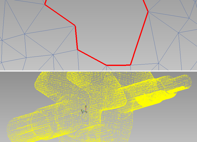 Zwei CAD-Daten sind dargestellt, Polygonmodell soll neu vernetzt, ein Modell vorher mit Fehlern, Punktewolken sollen neu vernetzt werden