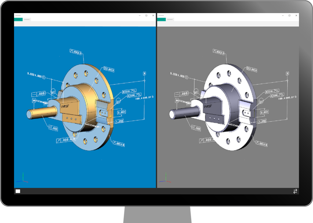 Ein CAD-Modell wird auf einem Bildschirm in zwei verschiedenen CAD-Systemen dargestellt