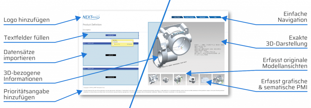 3D PDF mit 3DxSUITE enthält alle CAD-Informationen für Konstruktion, Produktion, Einkauf, Archivierung
