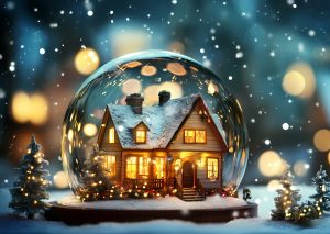 Haus in Schneekugel mit glänzenden Lichtern Weihnachten 2025 Betriebsurlaub vom 22.12.2025 bis 04.01.2026
