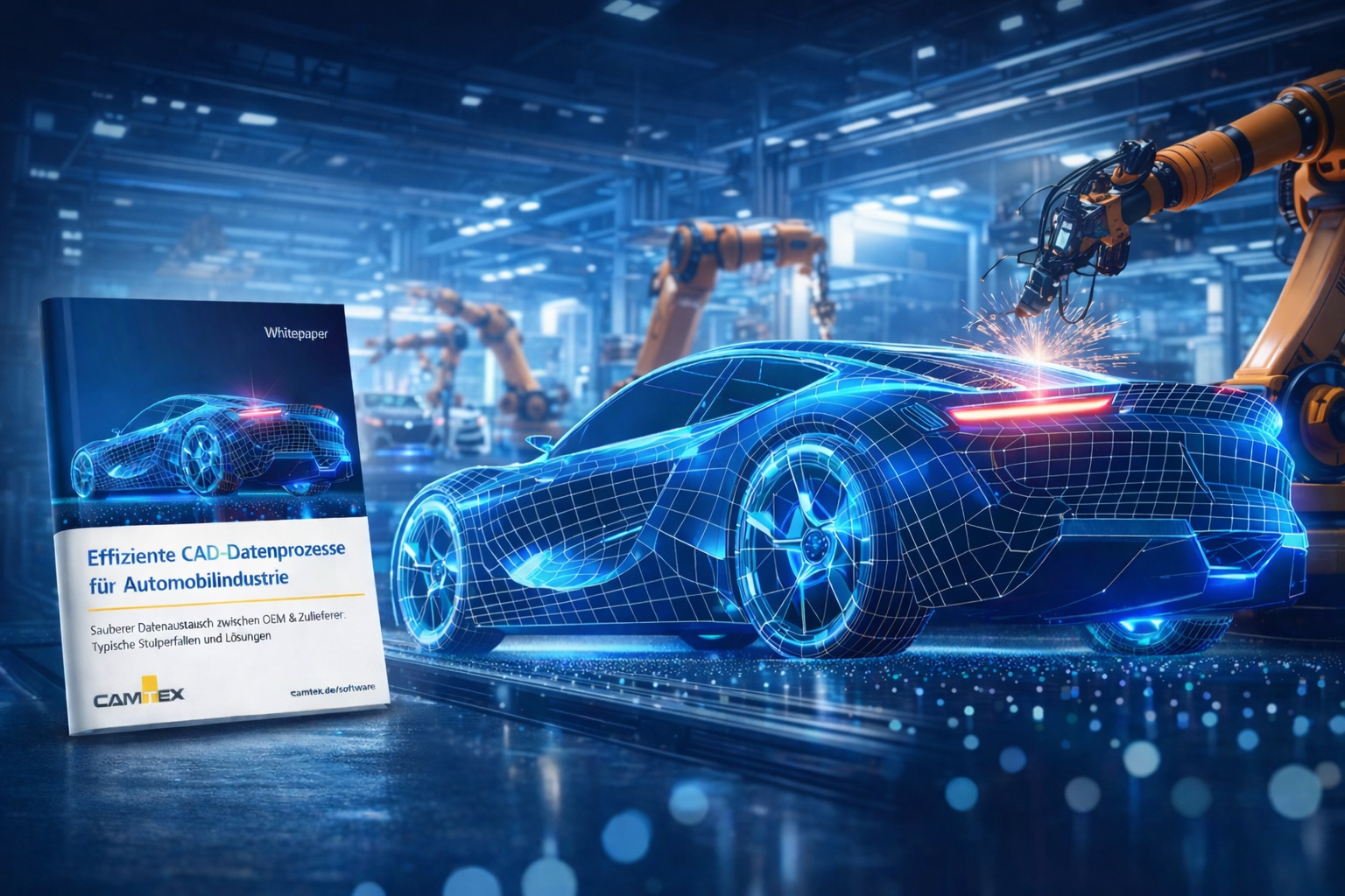 3D-Visualisierung eines digitalen Fahrzeugmodells in einer automatisierten Produktionshalle mit Industrierobotern sowie Darstellung des CAMTEX-Whitepapers zur CAD-Datenqualität in der Automobilindustrie.